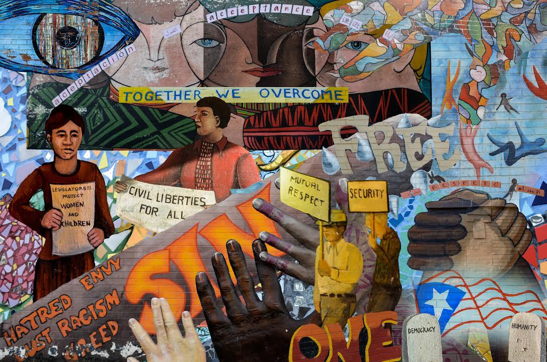This collage combines various themes and subjects from murals and mosaics in Chicago and represents Social Justice. 
