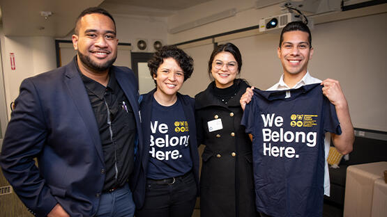 Undocumented Students holding a "We Belong Here" T-shirt at UC Berkeley